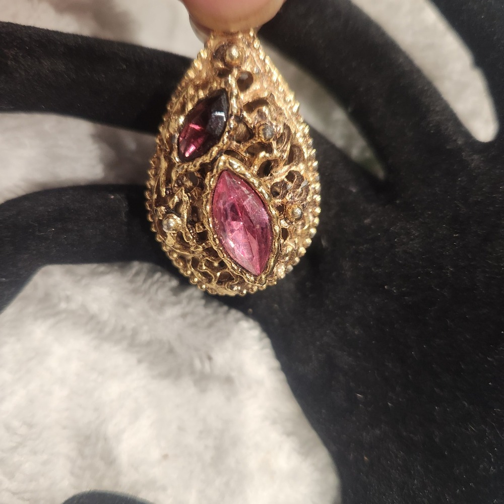 Vintage Gold Tone Filigree Teardrop Pendant Pink Purple Marquise Rhinestone - Picture 4 of 13